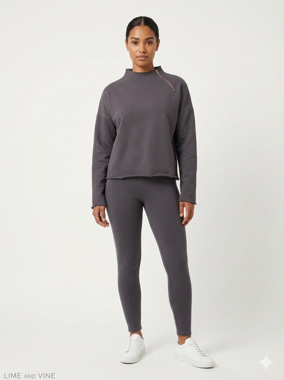 Lime & Vine Lov Asymmetrical Side Zip Mock Neck Raw Hem Sweatshirt